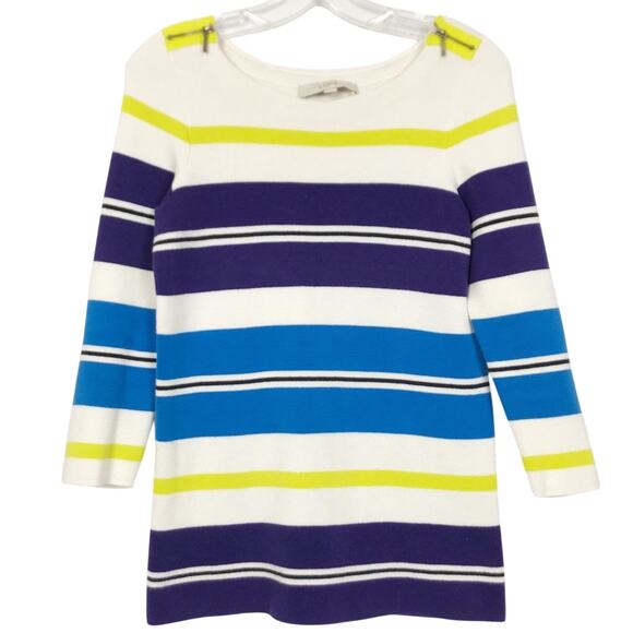 Loft Cream Yellow Blue Striped 3/4 Sleeve Sweater Sz XS - Picture 7 of 7